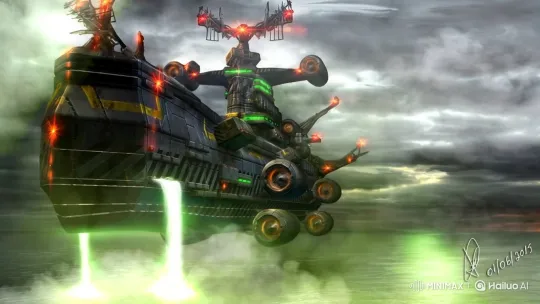 Futuristic Airship Navigates Stormy Skies with Green Energy Beams – AI Generated Video | Hailuo AI