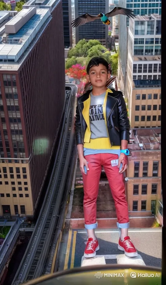 Young Boy Stands Confidently on City Ledger – AI Generated Video | Hailuo AI