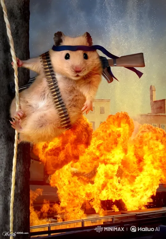 Hero Hamster in Fiery Battle Scene – AI Generated Video | Hailuo AI