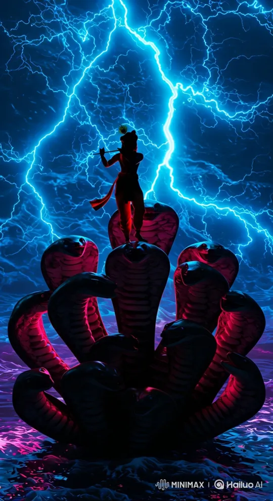 Silhouetted Flutist on Cobra Amidst Stormy Ocean Arc – AI Generated Video | Hailuo AI