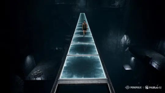 Player Plummets from Shattered Glass Bridge in Dark Cavern – AI Generated Video | Hailuo AI