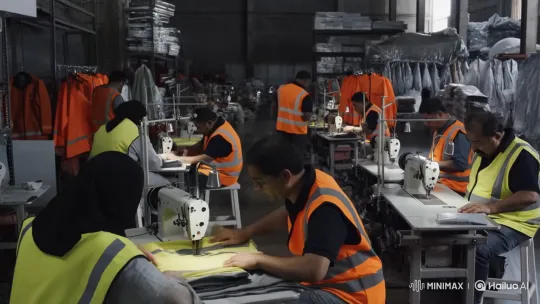 Turkish Workers Crafting Safety Clothing in Industrial Workshop – AI Generated Video | Hailuo AI