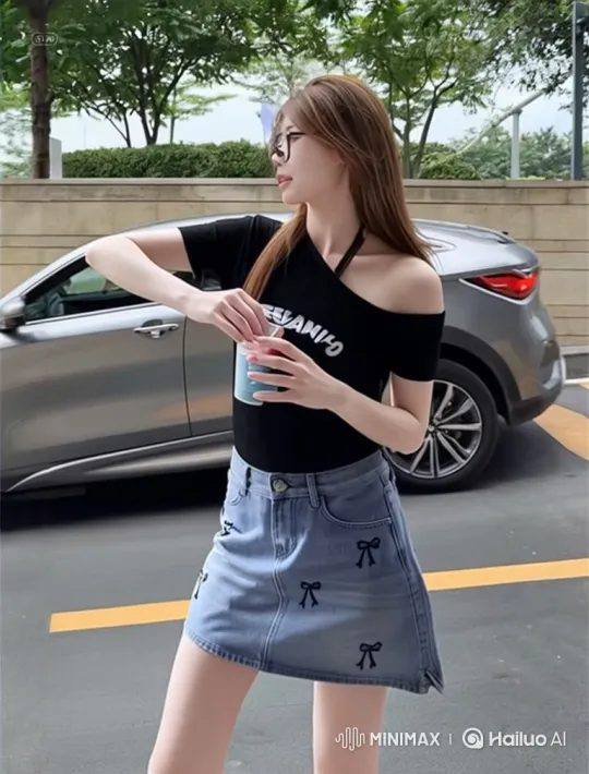 Young Woman Poses Playfully by Parked Car – AI Generated Video | Hailuo AI