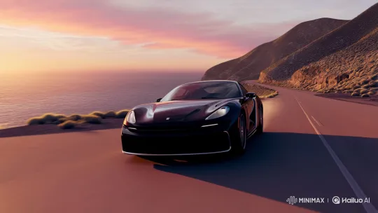 Gleaming Sports Car on a Sunset Coastal Highway – AI Generated Video | Hailuo AI