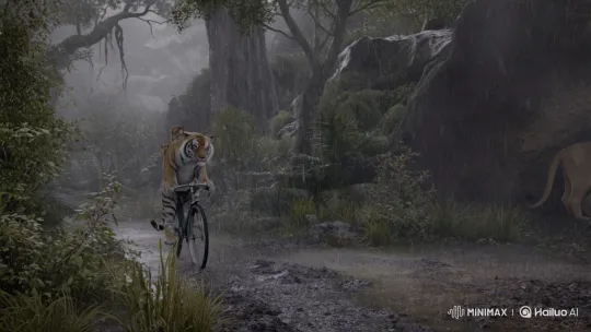 Tiger Family Bicycles Past Lions' Shelter in Downpour – AI Generated Video | Hailuo AI