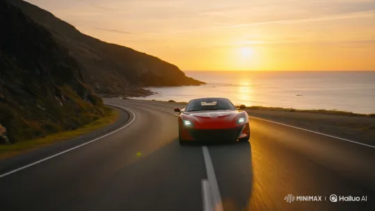 Cherry Red Sports Car on Coastal Sunset Drive – AI Generated Video | Hailuo AI