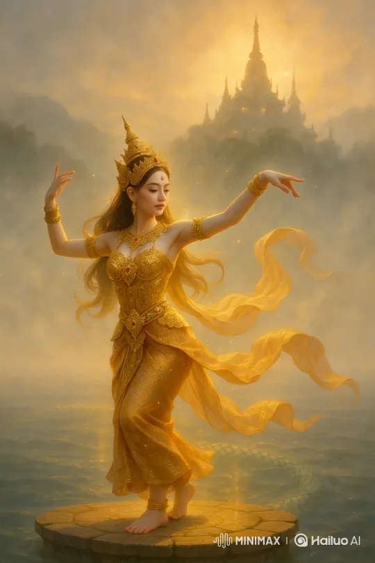 Dancer in Golden Attire Performs on Stone Platform – AI Generated Video | Hailuo AI