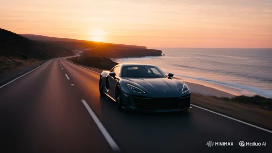 Dark Gray Sports Car Drives Along Coastal Sunset Road – AI Generated Video | Hailuo AI