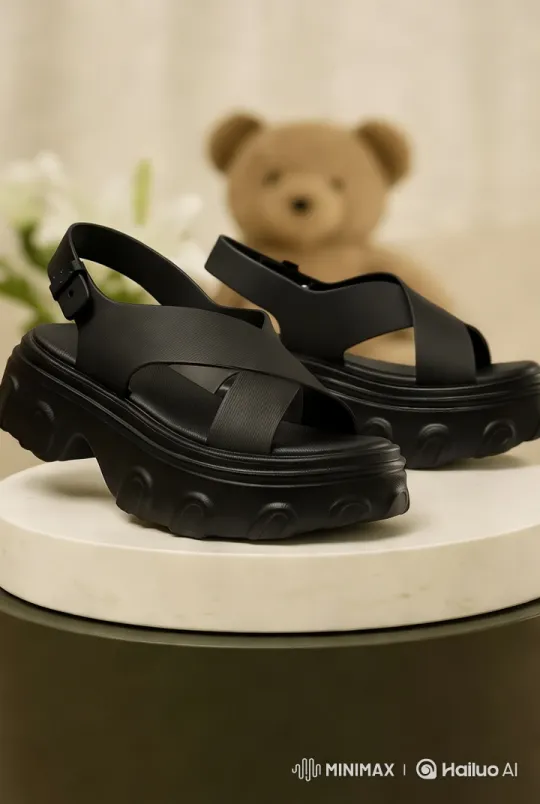 High-End 4K Video of Black Sandals on White Platform – AI Generated Video | Hailuo AI
