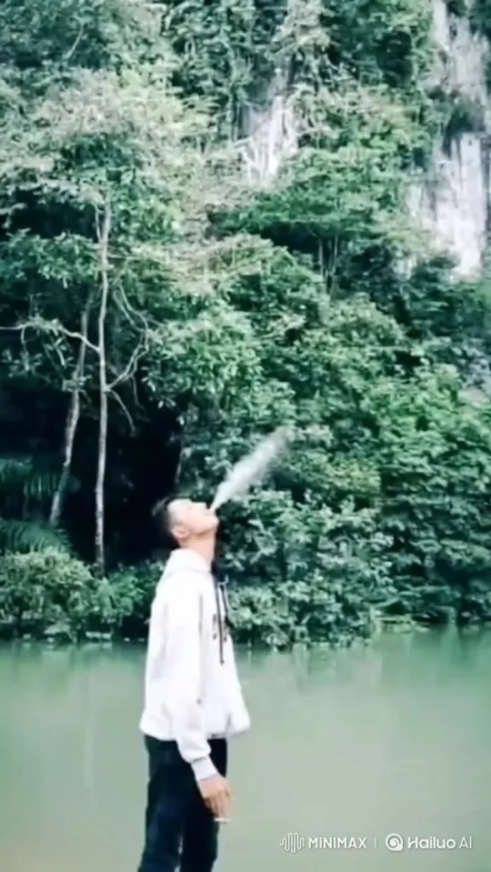 Young Man Smoking by Calm Water with Rising Smoke – AI Generated Video | Hailuo AI