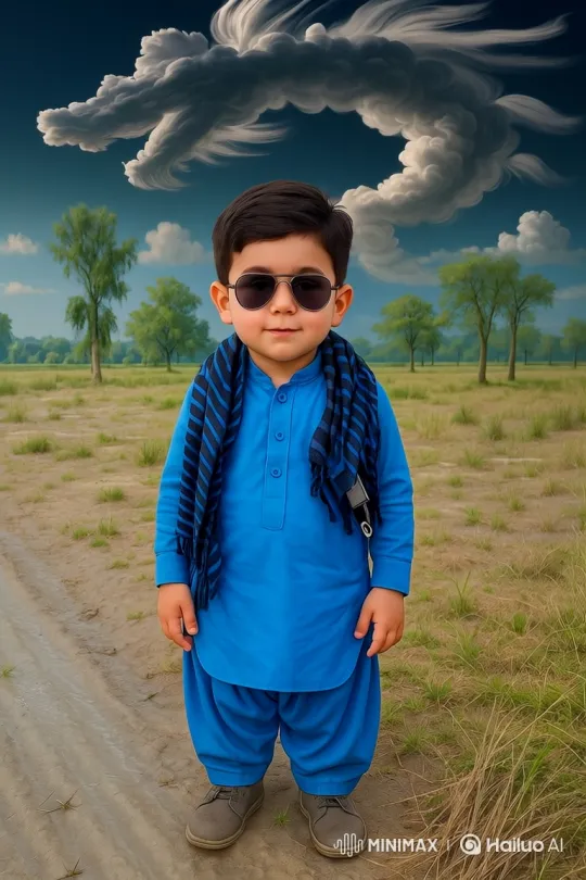 Boy in Blue Stands Calmly in Breezy Field with Gentle Smile – AI Generated Video | Hailuo AI