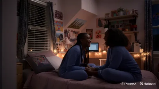 Teenage Friends Chatting Happily in Bedroom at Night – AI Generated Video | Hailuo AI