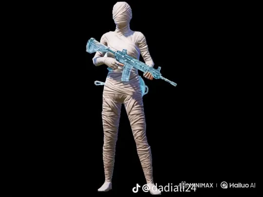 Bandaged Figure with Blue Crystalline Assault Rifle – AI Generated Video | Hailuo AI