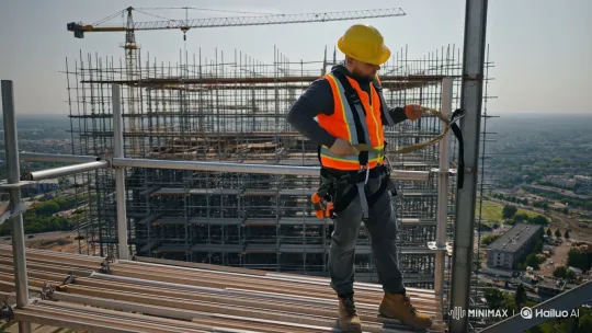 Construction Worker Inspects Safety Gear on High-Rise Scaffold – AI Generated Video | Hailuo AI
