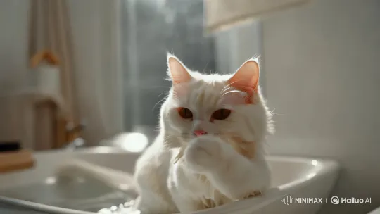Vanya: Serene Cat in Soft-Lit Bath with Slow-Mo Shampooing – AI Generated Video | Hailuo AI