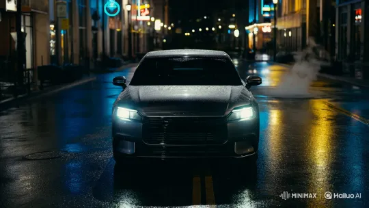 Modern Sedan Reflects City Night in Slow Push In – AI Generated Video | Hailuo AI