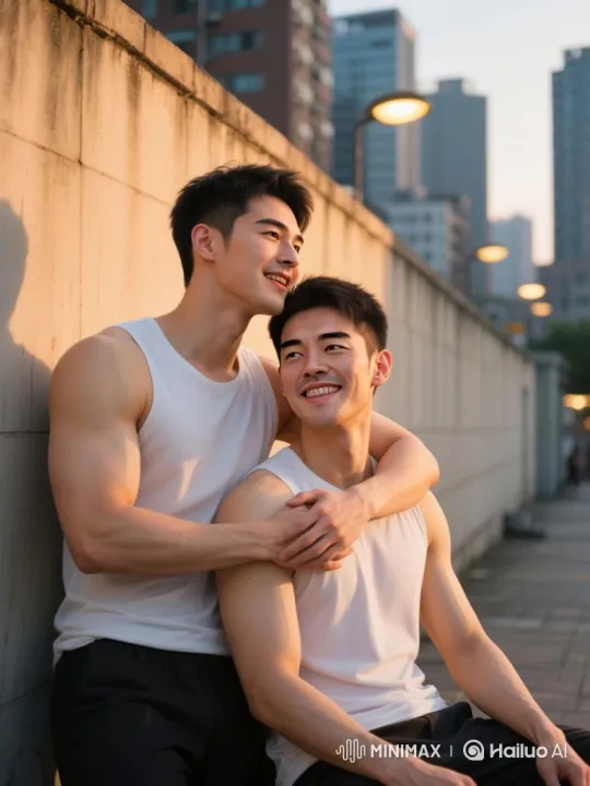 Two Men Share an Intimate Moment on a City Sidewalk – AI Generated Video | Hailuo AI