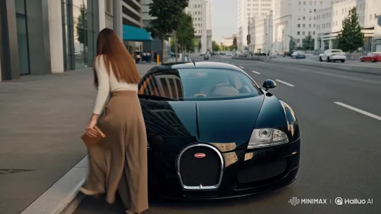 Young Woman Enters Her Bugatti Veyron in Urban Setting – AI Generated Video | Hailuo AI