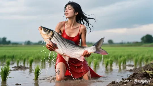 Asian Woman Triumphantly Catches Large Fish in Rice Field – AI Generated Video | Hailuo AI