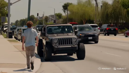 Young Man Drives Away in Jeep on Busy Street – AI Generated Video | Hailuo AI