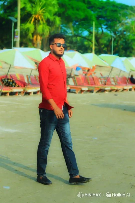 Young Man Walking on Sandy Beach in Casual Attire – AI Generated Video | Hailuo AI