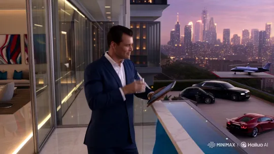 Wealthy Trader Enjoying Success on Penthouse Balcony – AI Generated Video | Hailuo AI