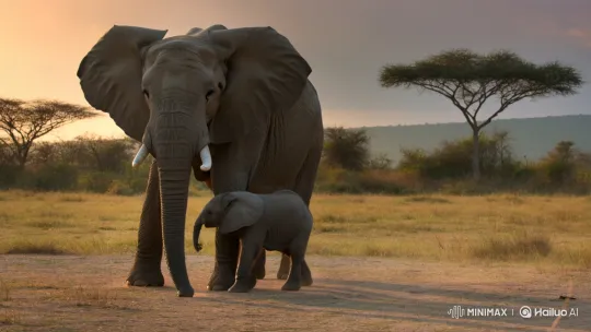 Baby Elephant Bonds with Mother in Serene Savanna Dusk – AI Generated Video | Hailuo AI