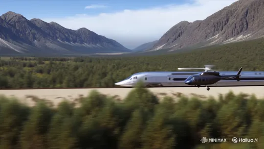 Helicopter and Train Race Through Valley in Perfect Formation – AI Generated Video | Hailuo AI