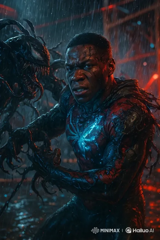 Hero Battles Monstrous Symbiote at Nighttime Construction Site – AI Generated Video | Hailuo AI