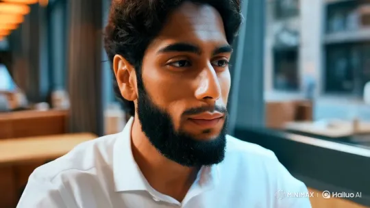 Contemplative Man in Urban Café Setting – AI Generated Video | Hailuo AI