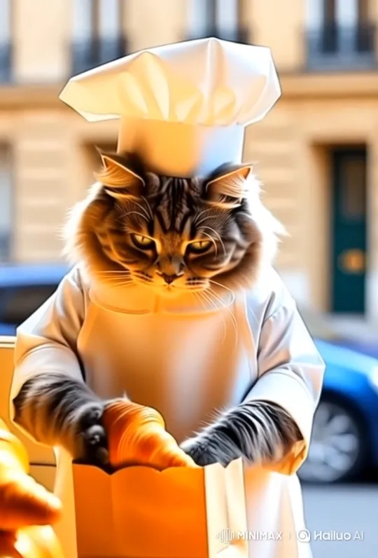 Tabby Cat Baker Serves Raccoon Customer in Cozy Bakery – AI Generated Video | Hailuo AI