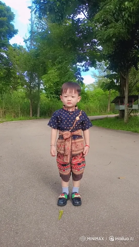 Child in Lush Path with Intricate Outfit Stands Still – AI Generated Video | Hailuo AI