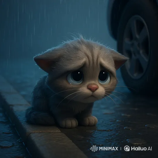 Lonely Kitten Cries on Rainy Urban Street – AI Generated Video | Hailuo AI
