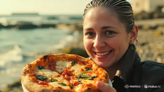 Woman Presents Margherita Pizza with Joyful Smile – AI Generated Video | Hailuo AI