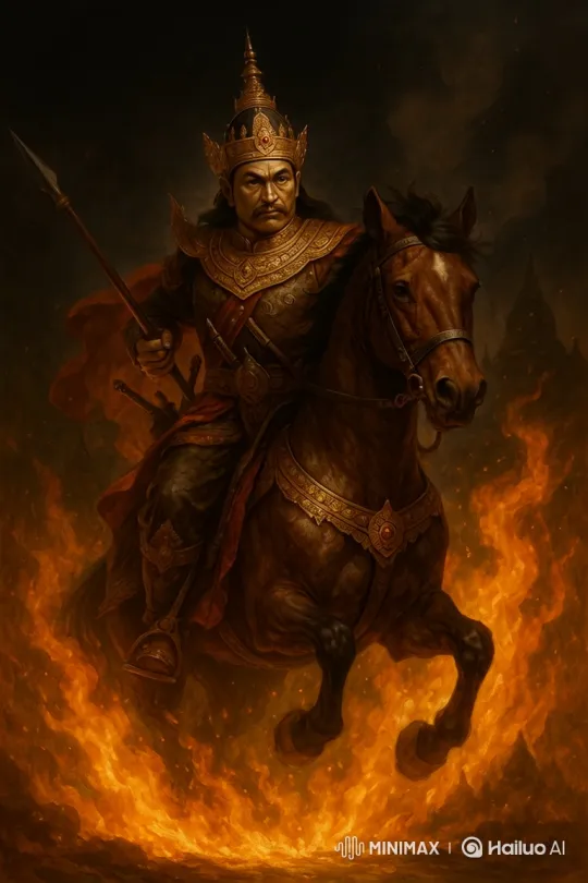 Ancient Dynasty King on Horseback Leads Charge Through Flames – AI Generated Video | Hailuo AI