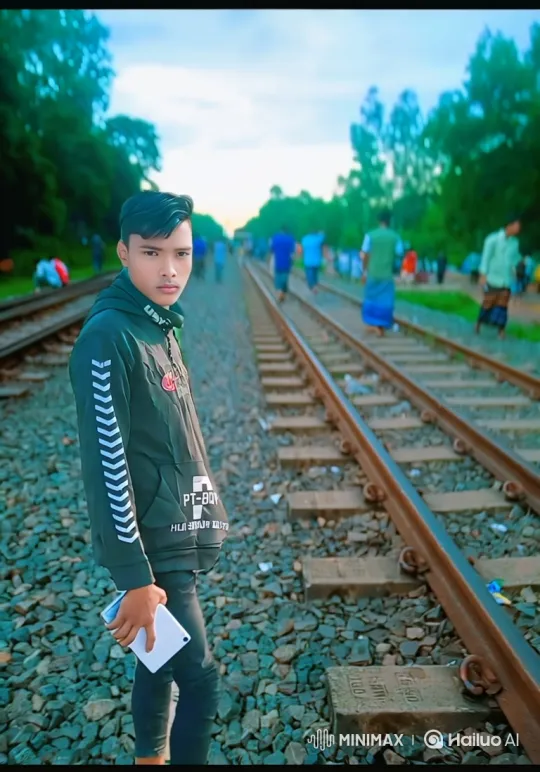 Young Man Stands on Railway Tracks, Observes Activity – AI Generated Video | Hailuo AI