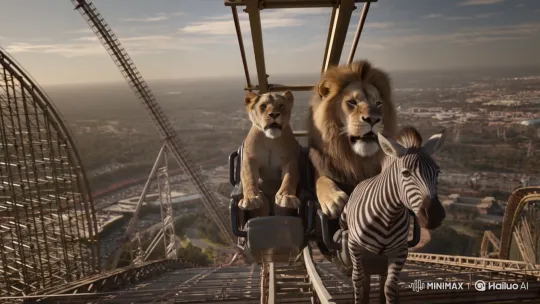 Lion and Zebra on World's Tallest Roller Coaster – AI Generated Video | Hailuo AI