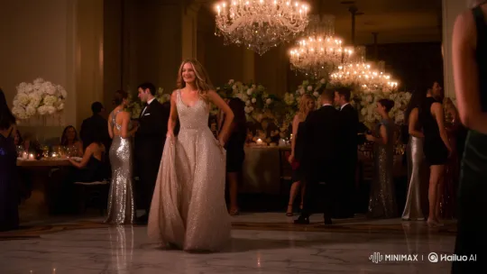 Elegant Woman Gracefully Dancing at Opulent Party Hall – AI Generated Video | Hailuo AI