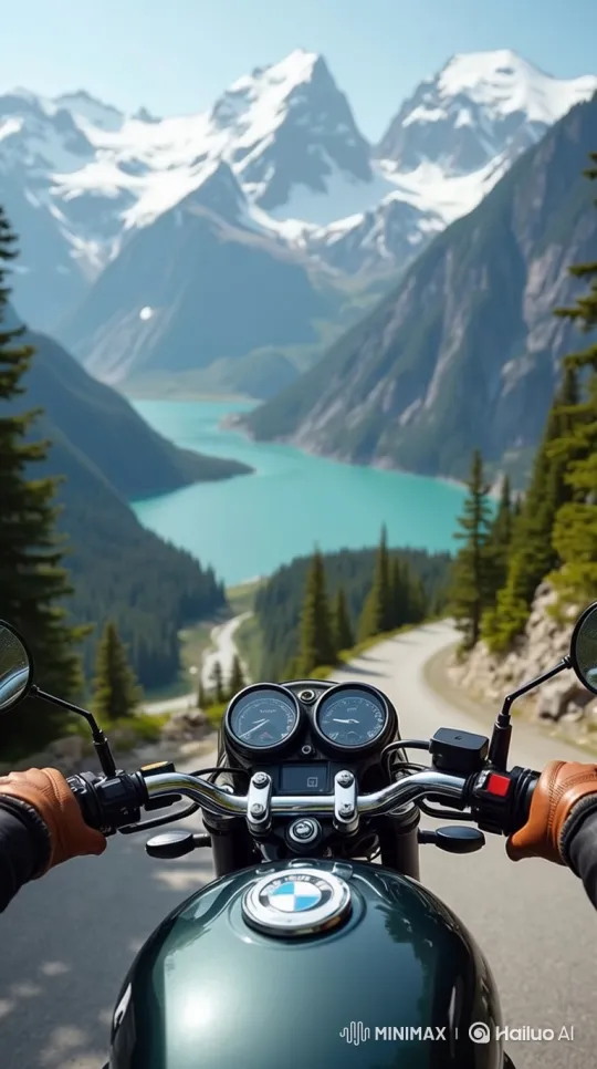 BMW Motorcycle POV Descent Through Mountain Scenery – AI Generated Video | Hailuo AI