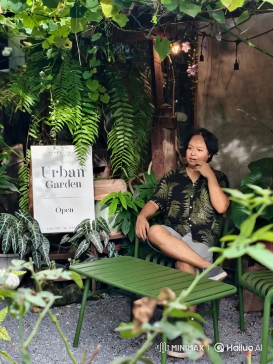 Thoughtful Person in Lush Urban Garden – AI Generated Video | Hailuo AI