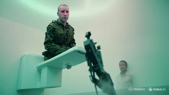 Young Soldier Plummets in Surreal, Minimalist Room – AI Generated Video | Hailuo AI