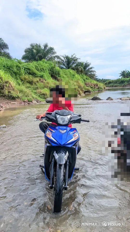 Motorcyclist Navigates Shallow River Flow – AI Generated Video | Hailuo AI