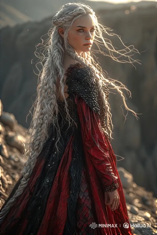 Woman in Wind: Dramatic Gown Dance in Rocky Setting – AI Generated Video | Hailuo AI