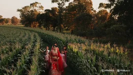 Pakistani Bride Walks Through Cornfield in Slow Motion – AI Generated Video | Hailuo AI