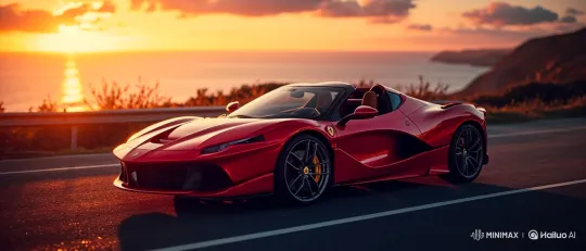 Red Sports Car Drive at Sunset on Coastal Highway – AI Generated Video | Hailuo AI
