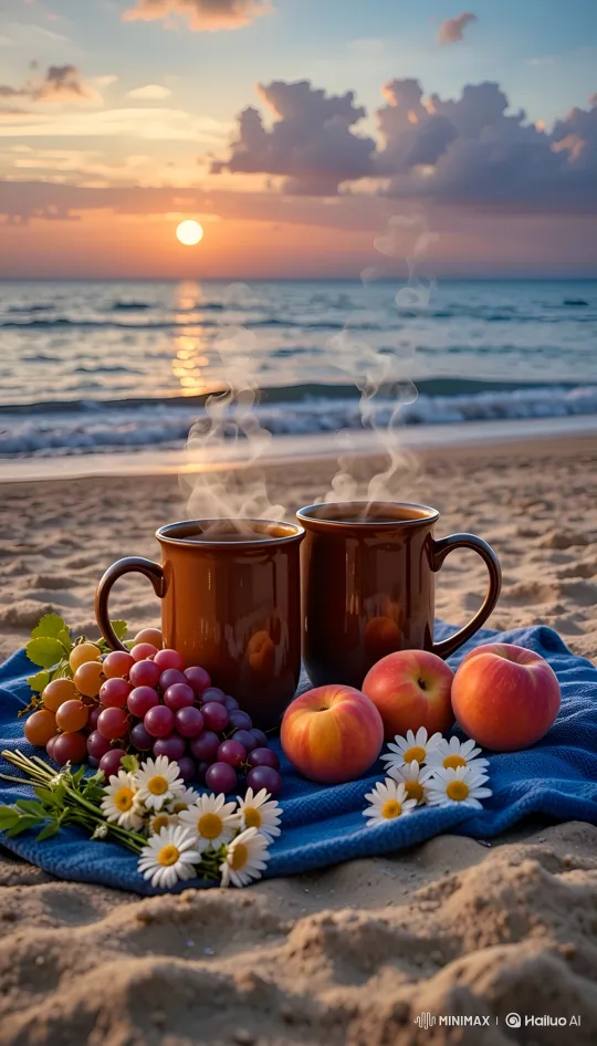 Sunset Beach Picnic with Hot Drinks and Fresh Fruit – AI Generated Video | Hailuo AI
