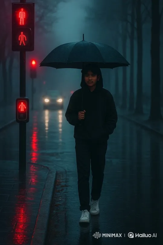 Young Man Waits Under Umbrella at Night – AI Generated Video | Hailuo AI