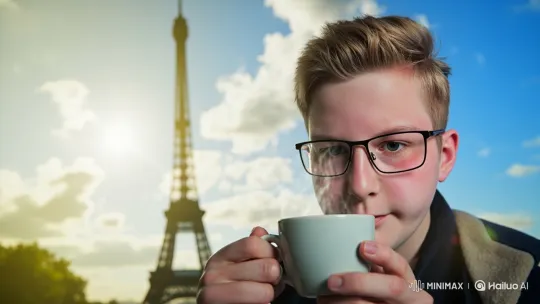 Man Sips Beverage in Parisian Serenity – AI Generated Video | Hailuo AI