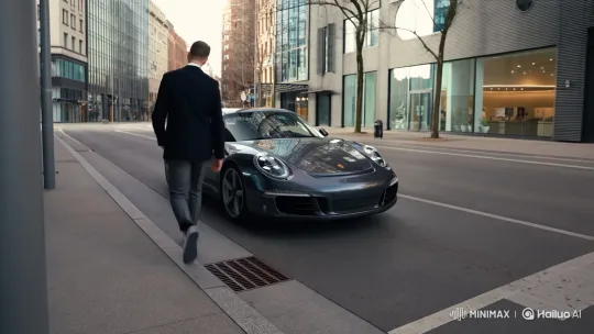 Stylish Man Gets into Porsche and Drives Away – AI Generated Video | Hailuo AI