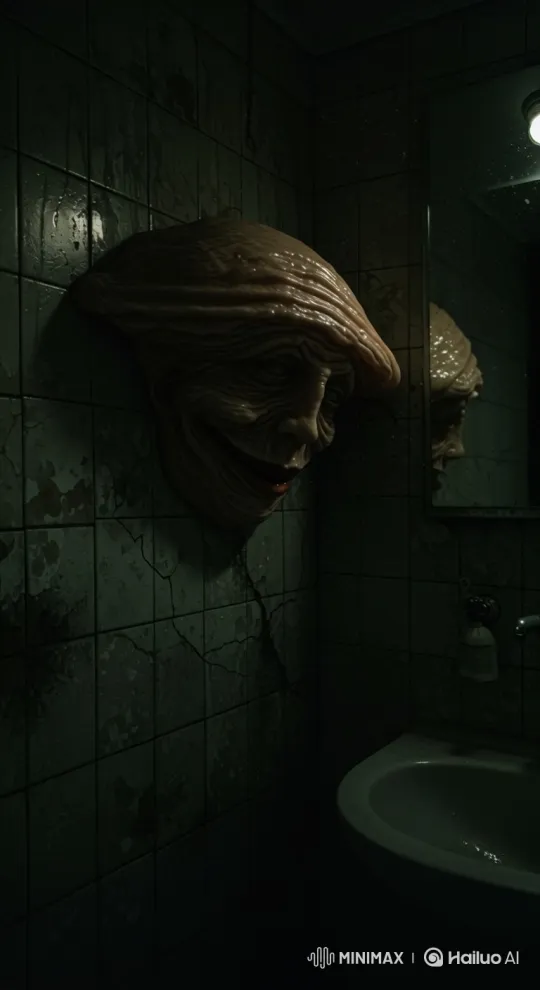 Creepy Melting Face Morphs in Dimly Lit Bathroom – AI Generated Video | Hailuo AI